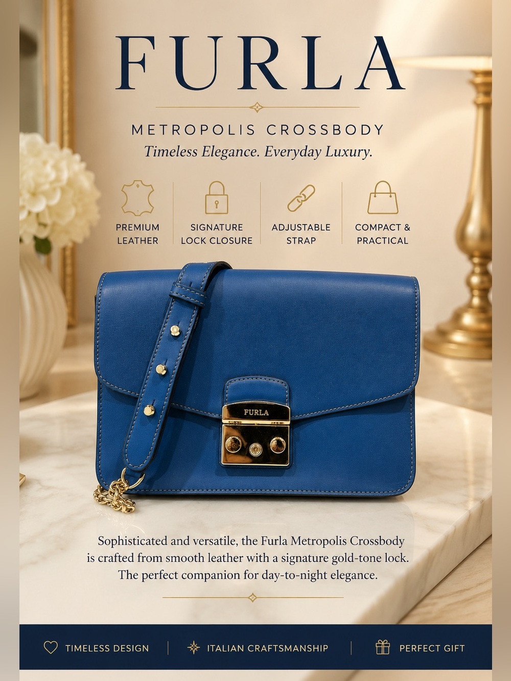 Furla Metropolis Royal Blue Leather Crossbody Gold Hardware Adjust. Strap Italy